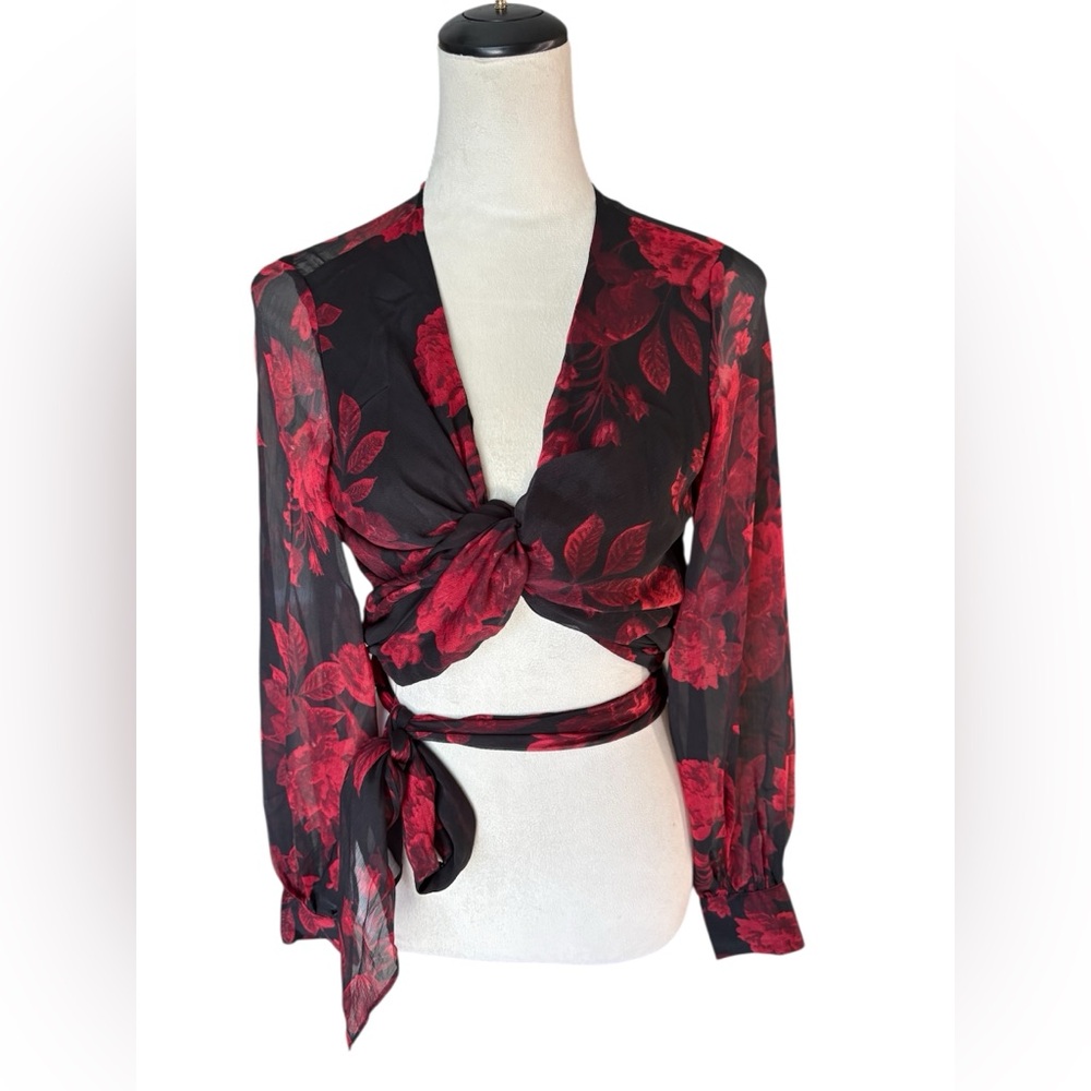 Bardot Black & Red Floral Wrap Blouse - Women Tops